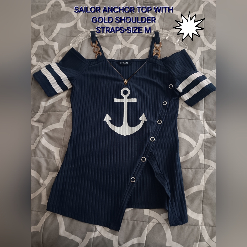 Chic Me Blue and White Sailor Tank Top With Gold Straps